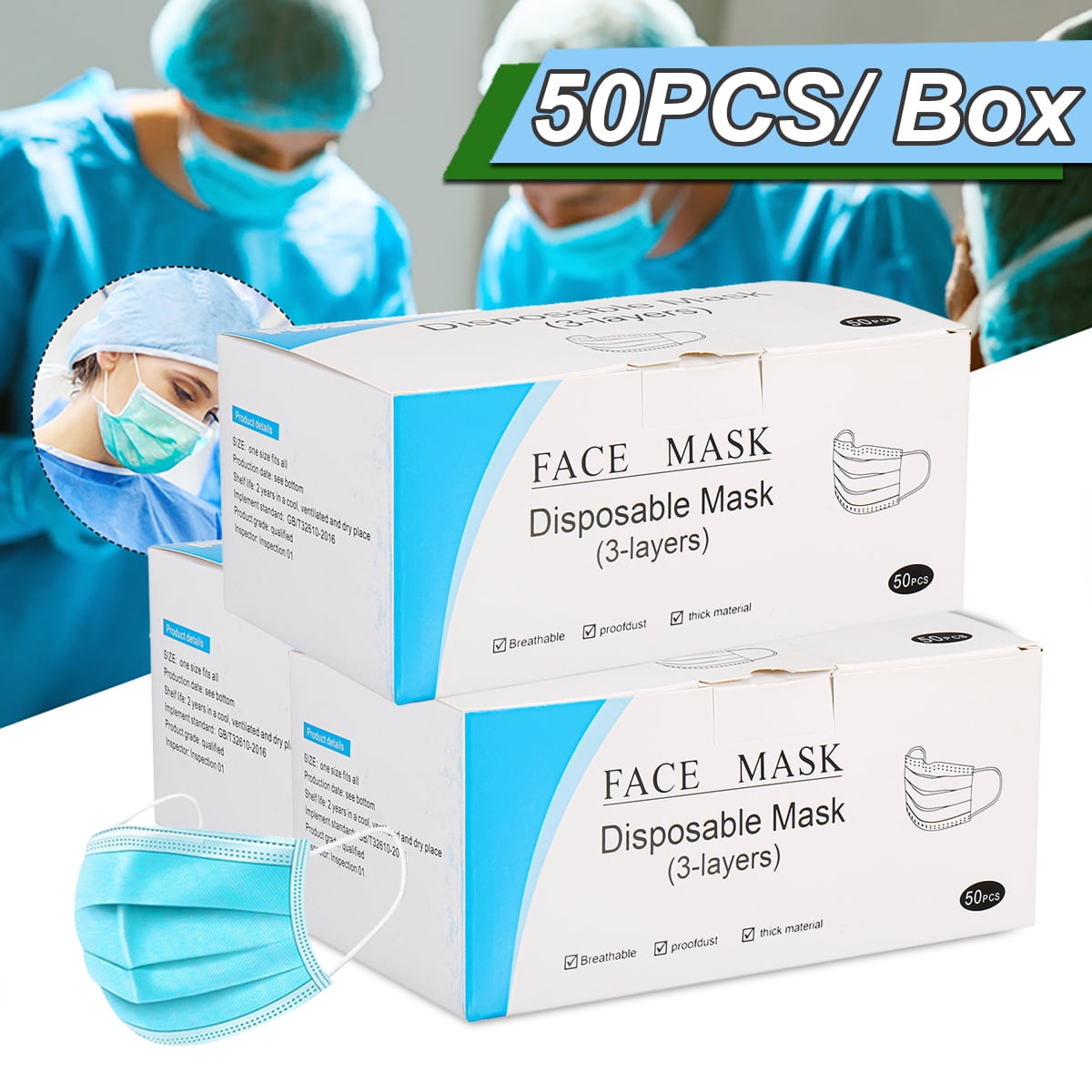 50x Medical Surgical Disposable Face Masks Antidust Safe Breathable