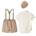 thumbnail image 5 of Wxirdiow Boy Christening Outfit Baby Boy Suit Clothes Baby Boys Wedding Formal Outfits Short Sleeve Shirt with Bowtie + Beret + Suspenders Short Set Khaki Size,12-18 Months, 5 of 8