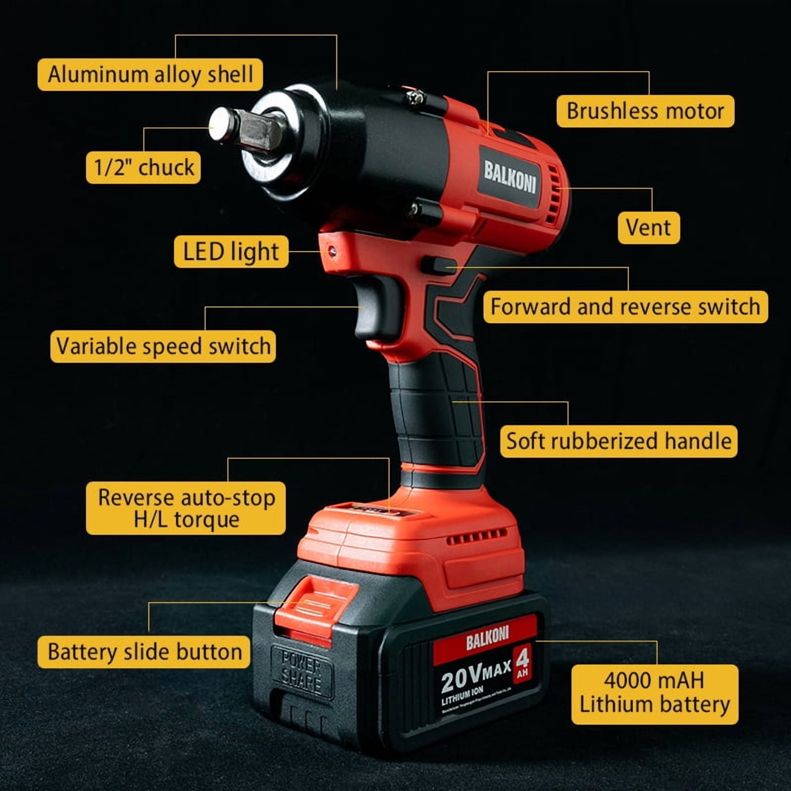 Power Cordless Impact Wrench 1/2", 20V Impact Brushless Motor with 2 x 4.0Ah Batteries, 3-Mode Speed & Max Torque 516 ft lbs (700N.m), Power Impact Wrench with 7 Sockets for Home Car