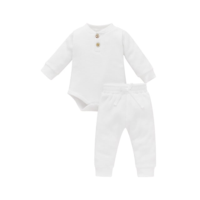 ITFABS Baby?s Solid Color Button Long Sleeve Romper and Tie-up Trousers Set