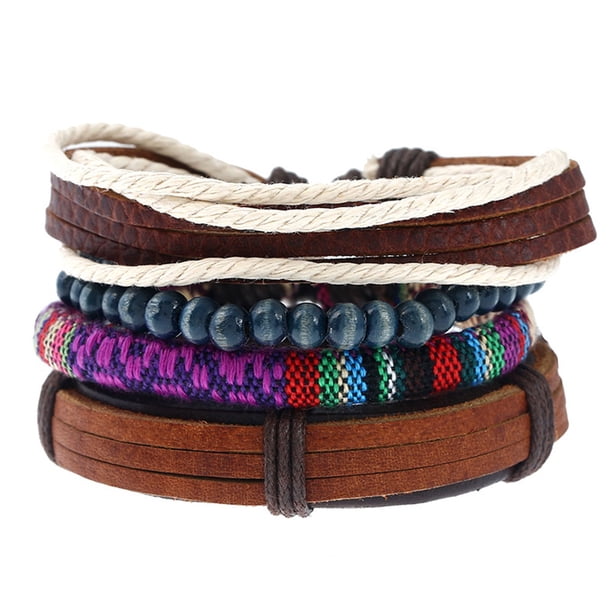 Pulsera de mujer Ormromra con kit de Pulsera de cuerda de cáñamo de Cuero tejido Retro de moda 4 Uds