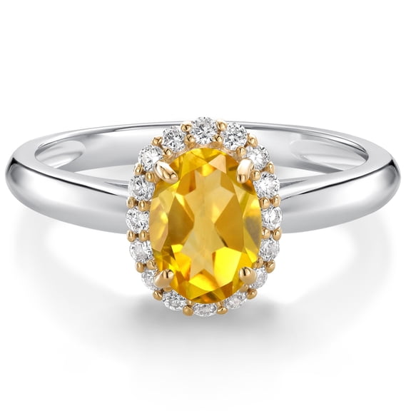 Gem Stone King 925 Sterling Silver and 10k Yellow Gold Yellow Citrine and White Lab Grown Diamond Halo Engagement Ring for Women (0.88 Cttw, Gemstone November Birthstone, Oval 7X5MM, Size 6)