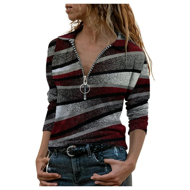 CEHVOM Blouse à Manches Longues Imprimée avec Fermeture Éclair et Col Rabattu pour Femmes