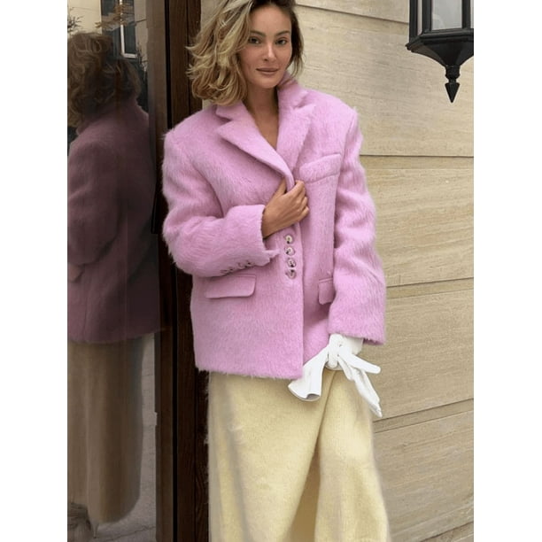 Chaqueta de lana rosa para mujer, abrigo cálido de manga larga con