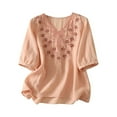 thumbnail image 2 of XUNKUSGA Summer Tops for Women Casual V Neck Short Sleeve Tops Cotton Linen Embroidery Floral Fashionable Vacation Blouse, 2 of 7