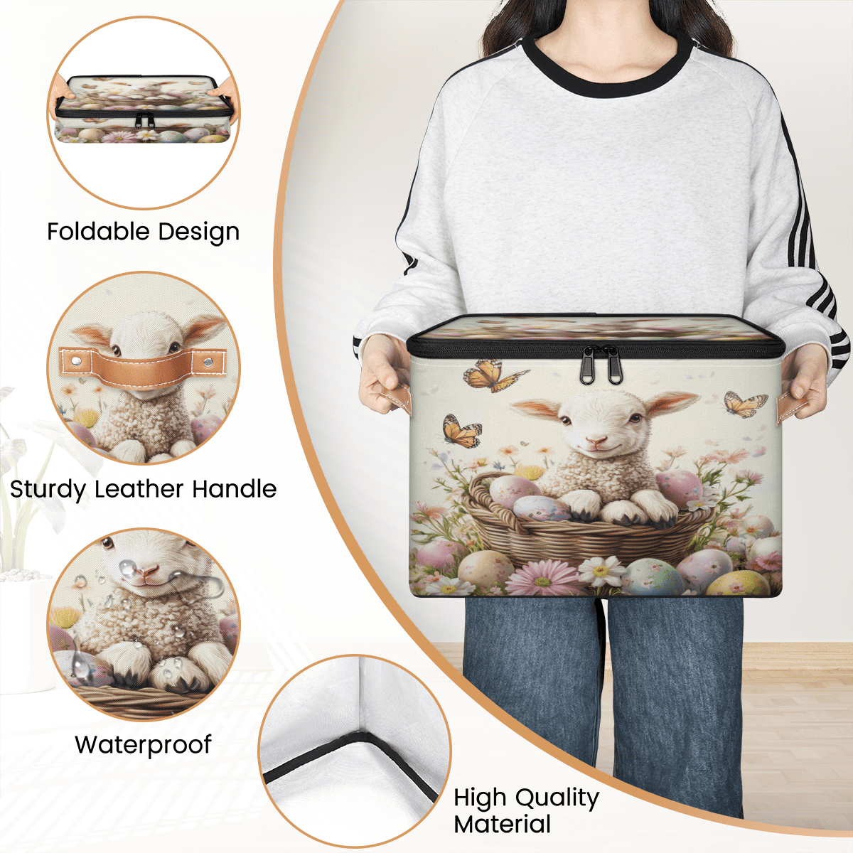 ADECORIVY Cute Lamb Flower Storage Bin with Lid Fabric Easter Foldable Storage Baskets Boxes for Clothes Shelves Closet Organizer Containers with Leather Handles for Wardrobe