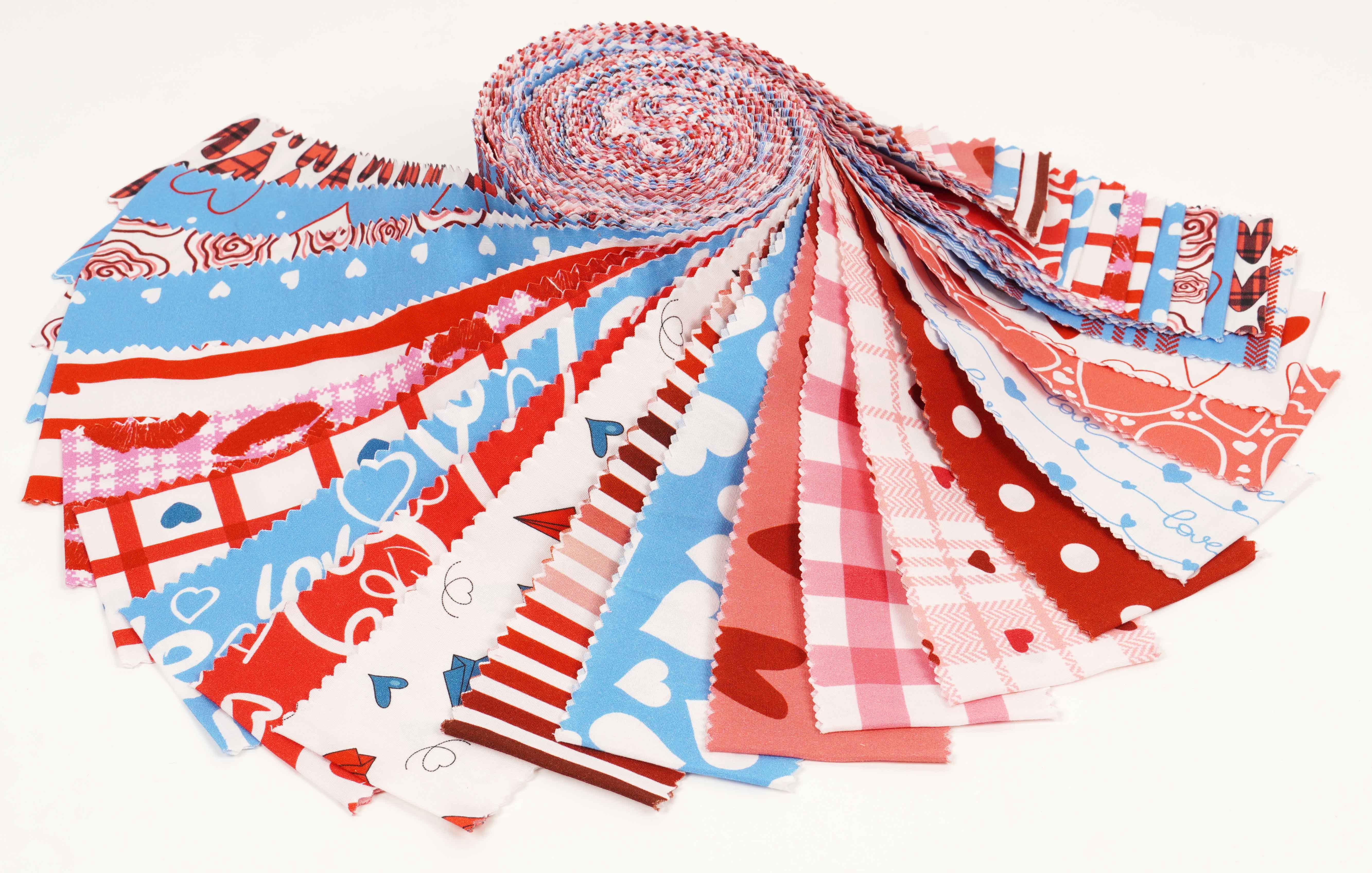 Soimoi 40Pcs Valentine Print Cotton Precut Fabrics For Quilting Craft Strips 2.5x42 inches Jelly Roll - Pink-White-Blue & Red