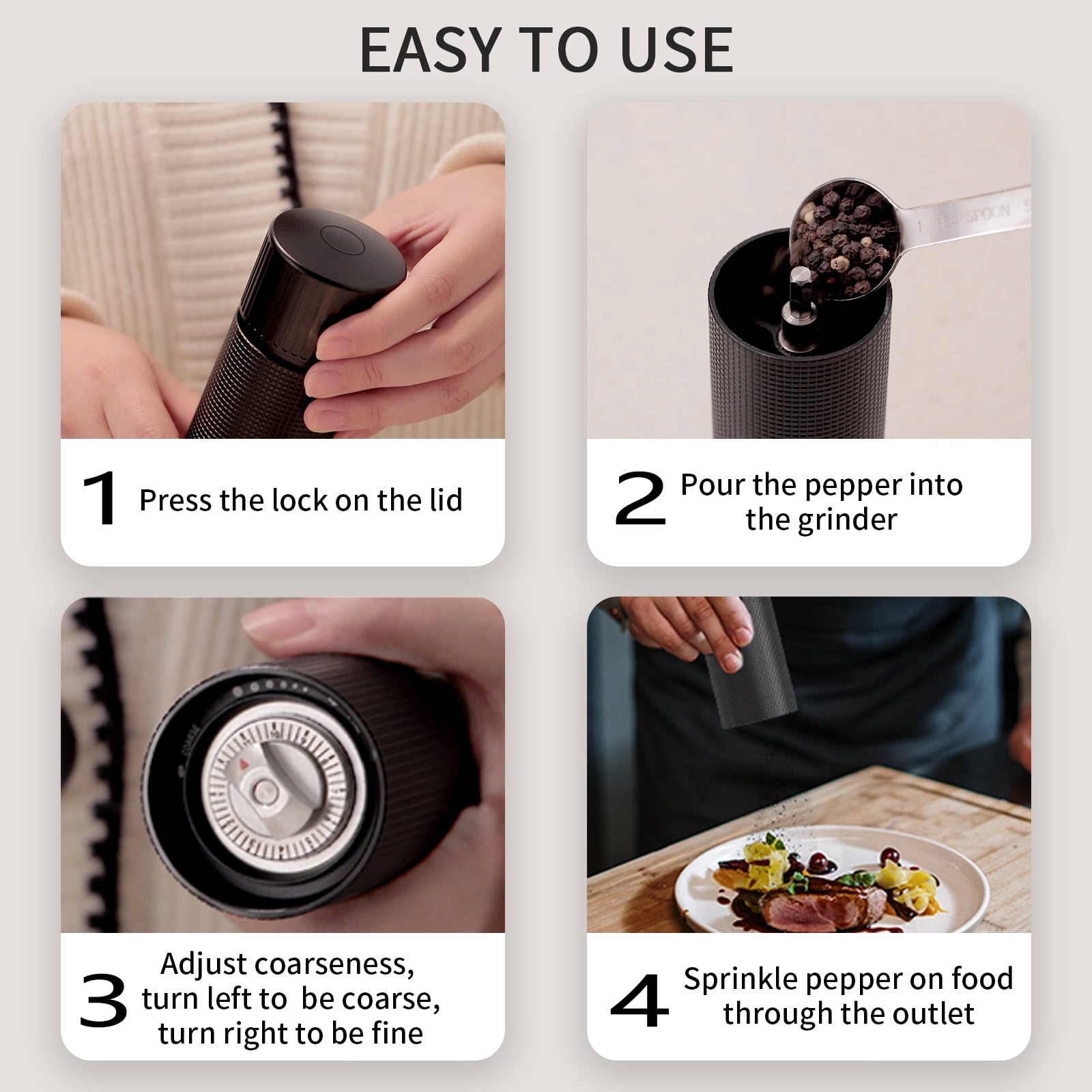 WhiteRhino Professional Pepper Grinder Mill, High Output with Stainless Steel Burrs Adjustable Coarseness Peppercorn Grinder