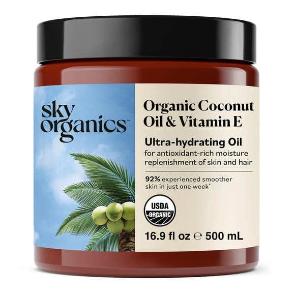 Sky Organics Organic Coconut Oil & Vitamin E Ultra-Hydrating Oil for Hair Skin, 16.9 fl oz