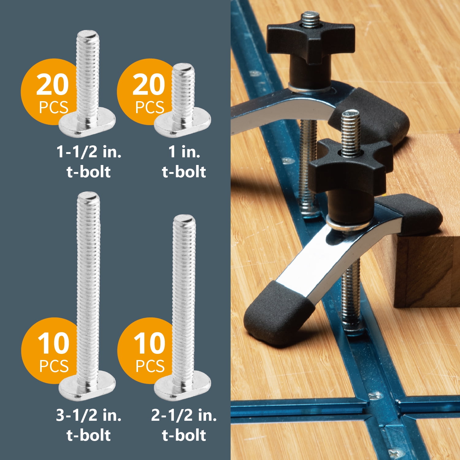 POWERTEC 128 Piece Set T Track Knob Kit w/ 5 Star Knob, 1/4-20 Threaded bolts and Washers, T Track Accessories for Woodworking Jigs and Fixtures, 71127