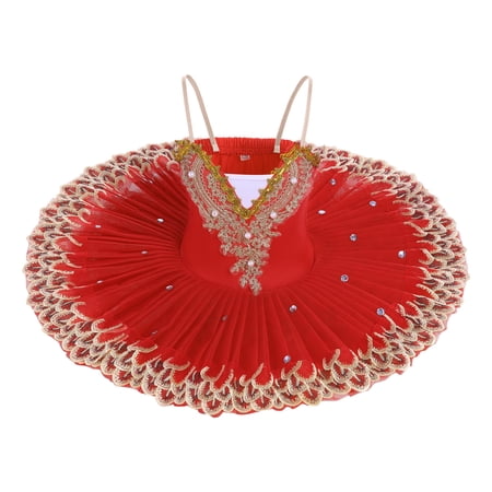 IBTOM CASTLE Girls Ballet Leotards with Platter Tutu Professional Hard Organdy Camisole Skirt Dancewear 9-10 Years Red