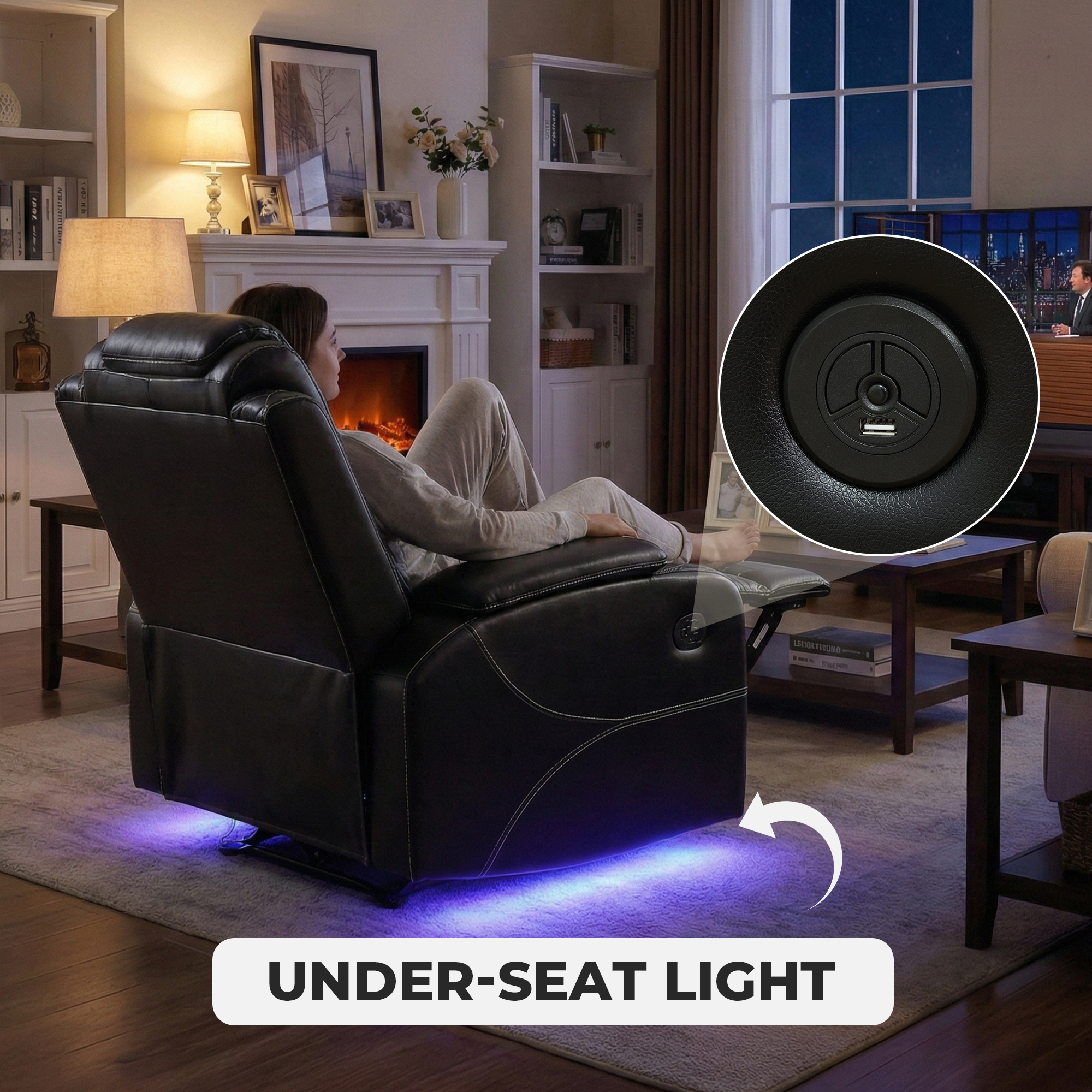 Alvantor Power Recliner Chair with USB Ports Leather Electric Home Theater Seating, Living Room Chair Black