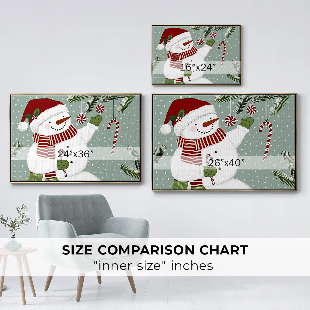 Peppermint Snowman Collection A - Framed Gallery Wrapped Holiday Canvas - 25 x 37 - Gold Frame