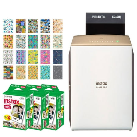 Fujifilm instax Share Smartphone Printer SP-2 (Gold) + Fujifilm Instax Mini Twin Pack Instant Film (60 Exposures) + 20 Sticker Frames for Fuji Instax Prints Travel Package – Deluxe Accessory