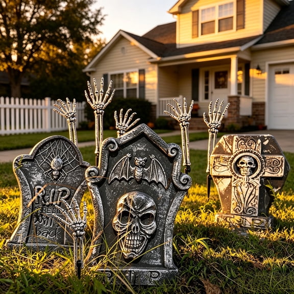 Halloween Graveyard Set โ 3 Pack Foam Tombstones 12x17in 6 Pack Posable Skeleton Hands with Stakes, Outdoor Yard Decor