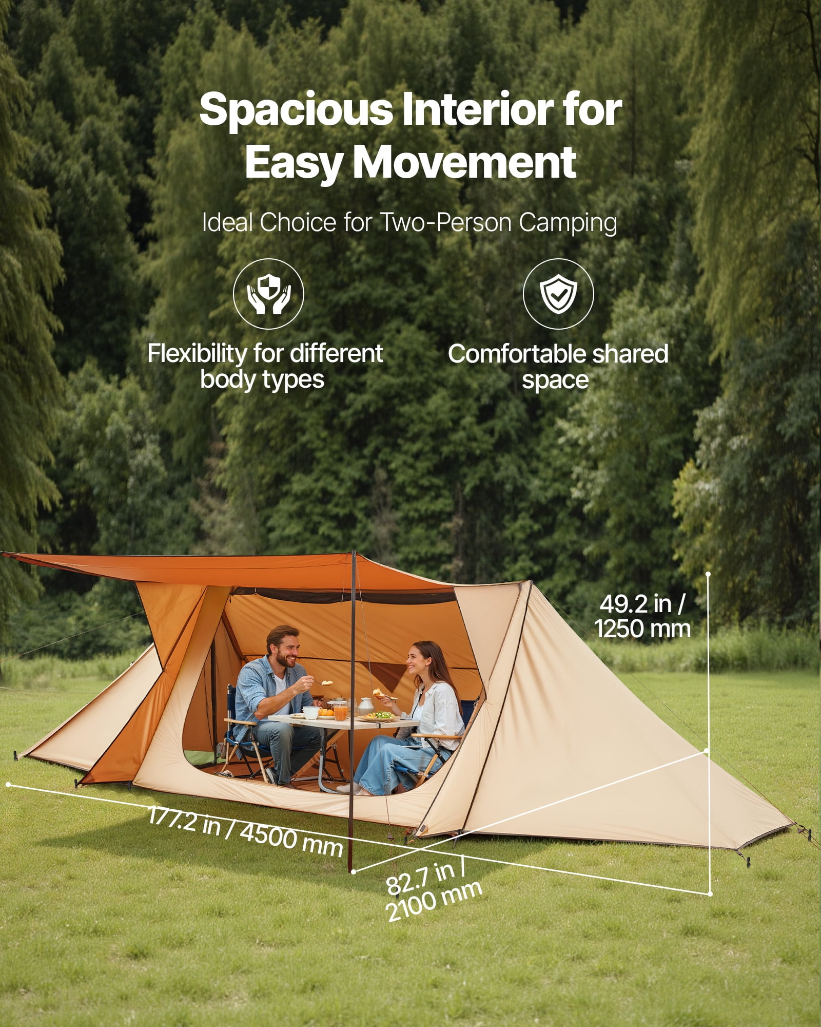VEVOR Camping Hot Tent, Lightweight Bushcraft Tent with Stove Jack & 2 Tarp Poles, Waterproof Winter Hot Tents Shelters, Portable 4 Season Tents for 2 Persons Hiking Fishing Hunting Backpacking