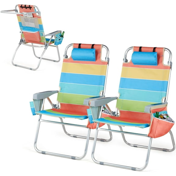 THJTDH Tall Beach Chair 2 Pack, with 5-Position, Cooler Bag, Cup Holders, Towel Bar, Lightweight Folding Beach Camping Chairs for Adults(Rainbow pattern)