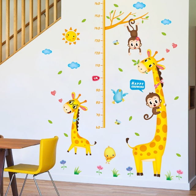 Adhesivos de pared con dibujos animados de jirafas y tablas de altura con monos y pájaros