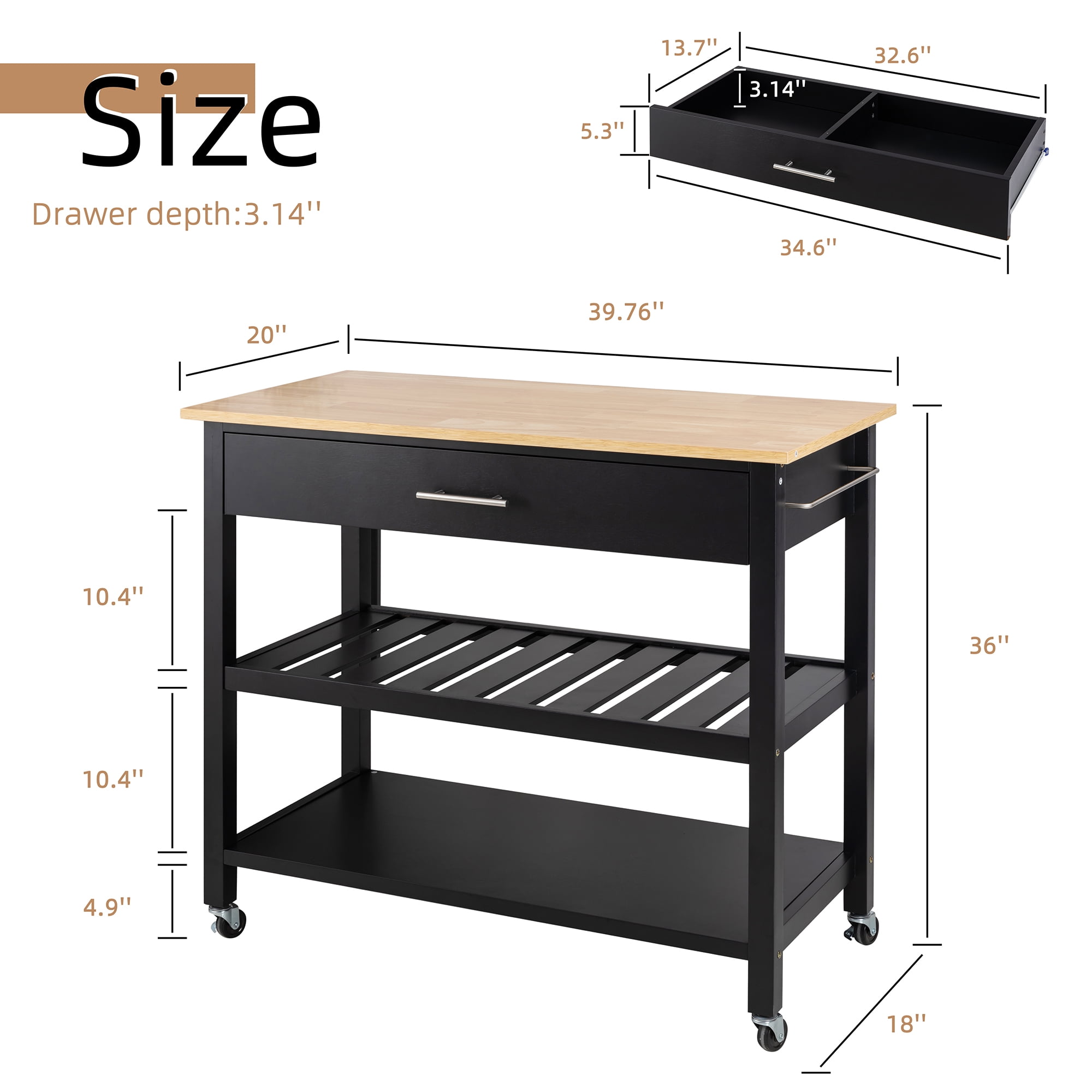 Kitchen Island Cart with Storage,Rolling Kitchen Island Side Table on Wheels with Large Worktop,Storage Cabinet,Towel Rack,Drawers and Open Shelves for Kitchen,Dinning Room,Black