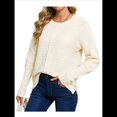 thumbnail image 3 of Suéter de Punto Acanalado con Cuello Redondo para Mujer, Moda de Otoño, Suéter Holgado de Larga con de Murciélago y Abertura Lateral Crema XL, 3 of 9