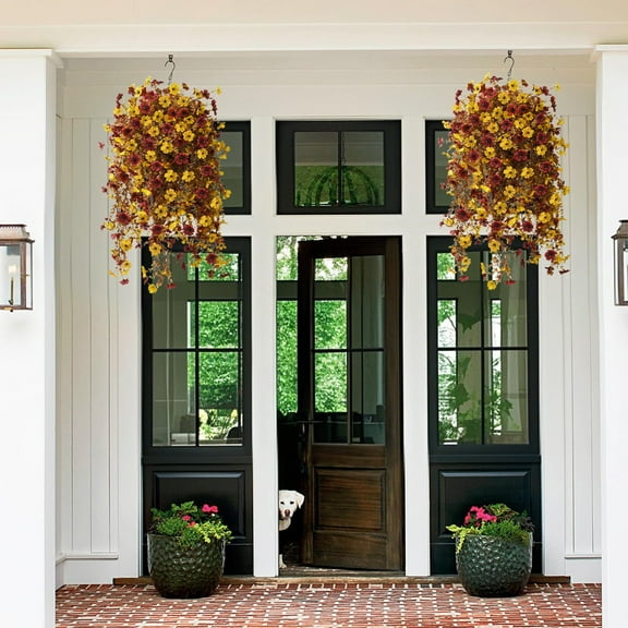 VQPeo Fall Artificial Fake Mum Hanging Flowers Plants Basket for Outdoor Autumn Decoration, Fake Silk Planters UV Resistant Look Real for Home Patio Balcony Yard Porch Decor