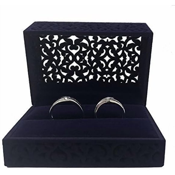 DesignSter Boîte à Bagues en Velours Bleu Royal Creux - Boîte Double pour Couple pour Mariage, Cadeau de Fiançailles (Boîte à Bagues)