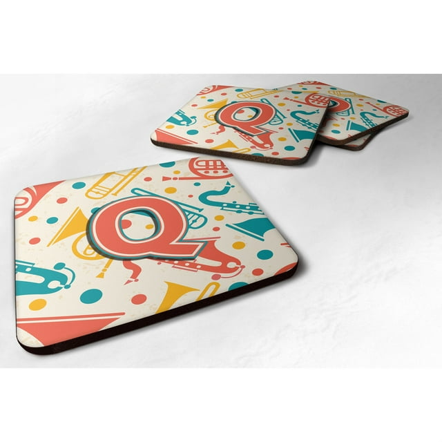 ""Caroline's Treasures CJ2001-QFC Letra Q Retro Teal Orange Instrumentos musicales Inicial Posavasos de espuma (juego de 4) 3.5"""" Multicolor""