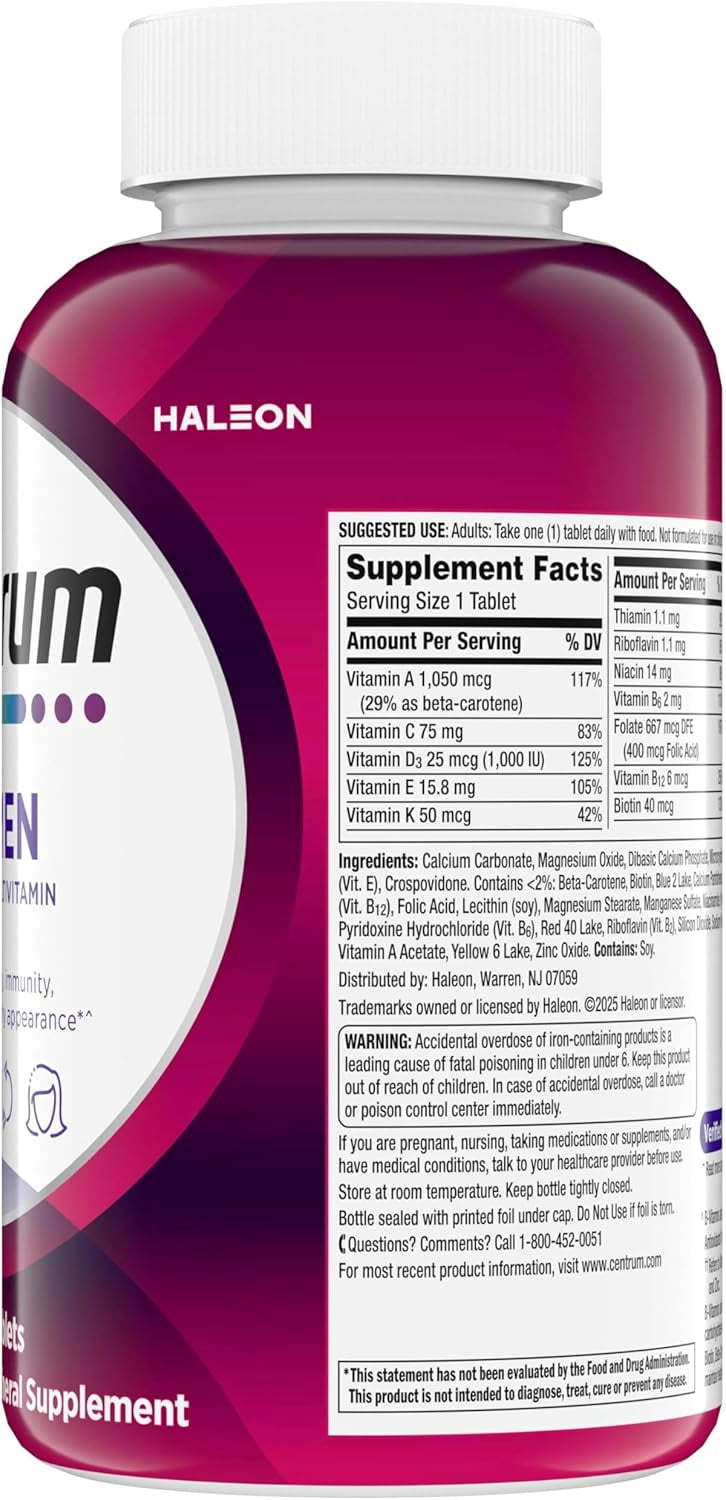 Centrum Multivitamins for Women, Multivitamin/Multimineral Supplement with Iron, Vitamins D3, B and Antioxidants - 250 Count