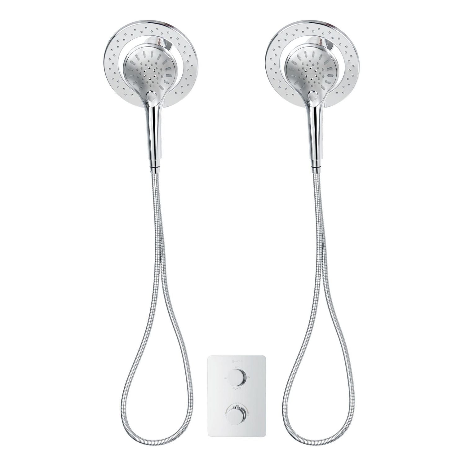 Valve thermostatique carrée avec déviateur à 4 voies d'Akuaplus®. 2 douchettes magnétiques, pouvant être utilisées simultanément. Douchette magnétique à 3 réglages avec bouton poussoir et pommeau de d