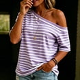 thumbnail image 2 of DeHolifer Women's T-Shirts Casual Off-shoulder Striped Printed Short Sleeve Turtleneck Tops Purple 2XL, 2 of 8