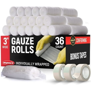 Premium Gauze Rolls - Pack of 36 - [Individually Wrapped] - 3” x 4.1 yd Rolled Gauze   3 Free Bonus Tapes