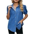 thumbnail image 2 of Teissuly Women's Spring And Summer Solid Color Casual Lapel Short-Sleeved Denim Shirt Short-Sleeved Lapel Top/Shirt, 2 of 6