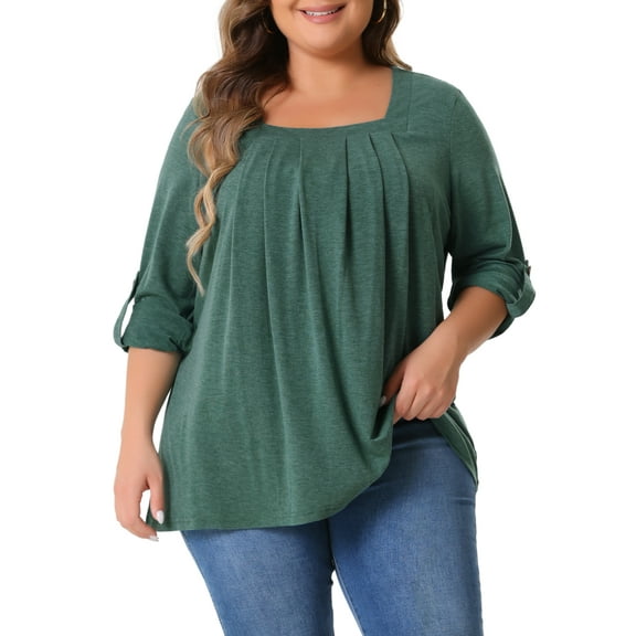 DARING DIVA Women's Plus Long Sleeves Square Neck Flowy Pleated Top 1X Green