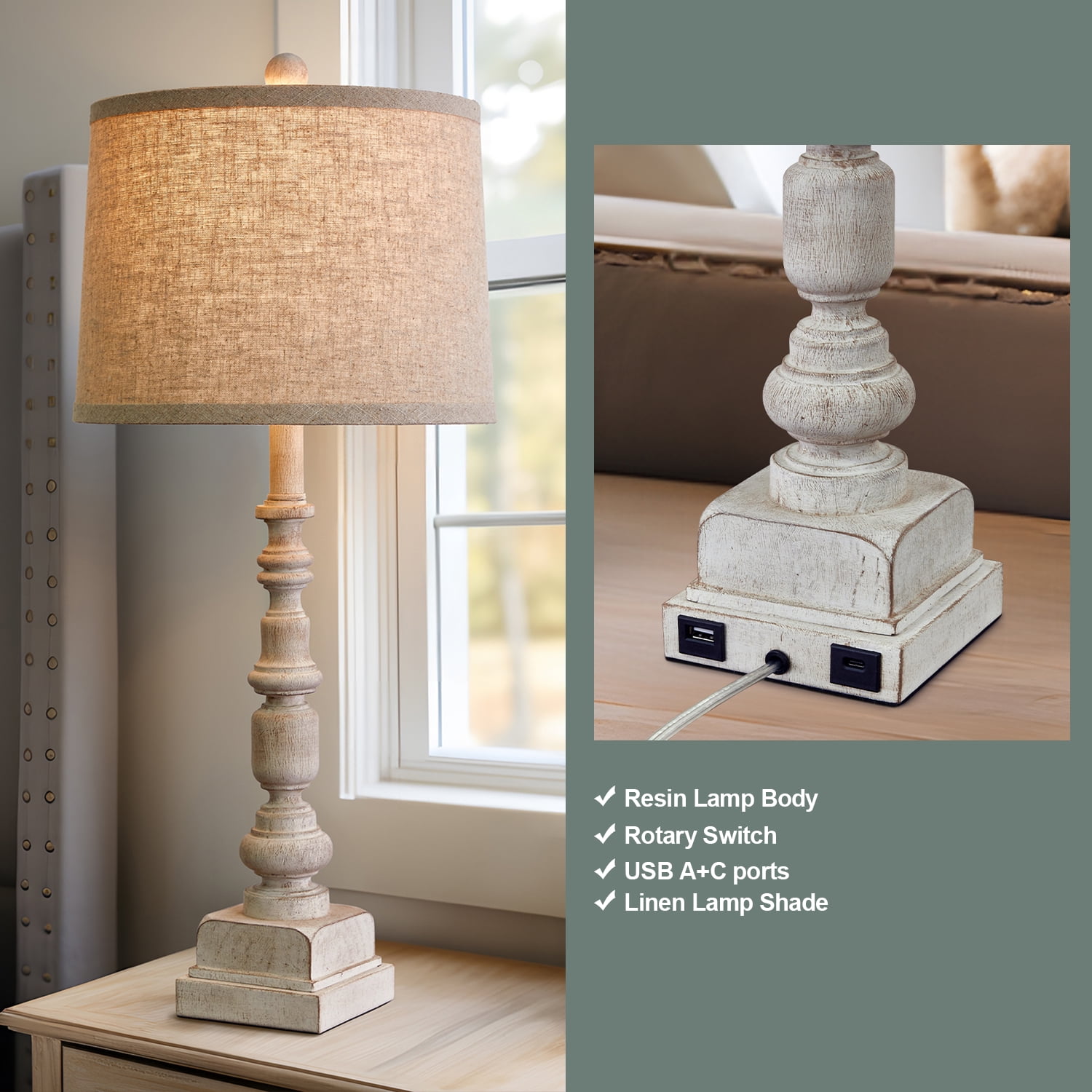 Oneach Farmhouse Table Lamps Set of 2 for Living Room Bedroom Study 27.25" Resin Bedside Nightstand Lamp