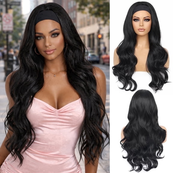 26 Inch Long Body Wave Headband Wig for Black Women, Black Headband Wigs Synthetic Hair Wear and Go Glueless Half Wig with Headbands Attached #1B