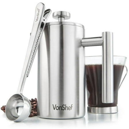 VonShef 12oz 3 Cup French Press Brushed Stainless Steel Double Walled Cafetiere Coffee Maker with Spoon and