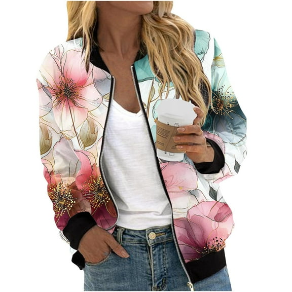 Dasayo Pink Women's Coats Full-Zip Bomber Fall Jackets Fashion Long Sleeve Floral Light Streetwear Womens Jacket L