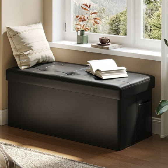 Pinmoco 30" Storage Ottoman Bench Folding Leather Bedroom Storage Bench with Side Pocket for Entryway Living Room, Black
