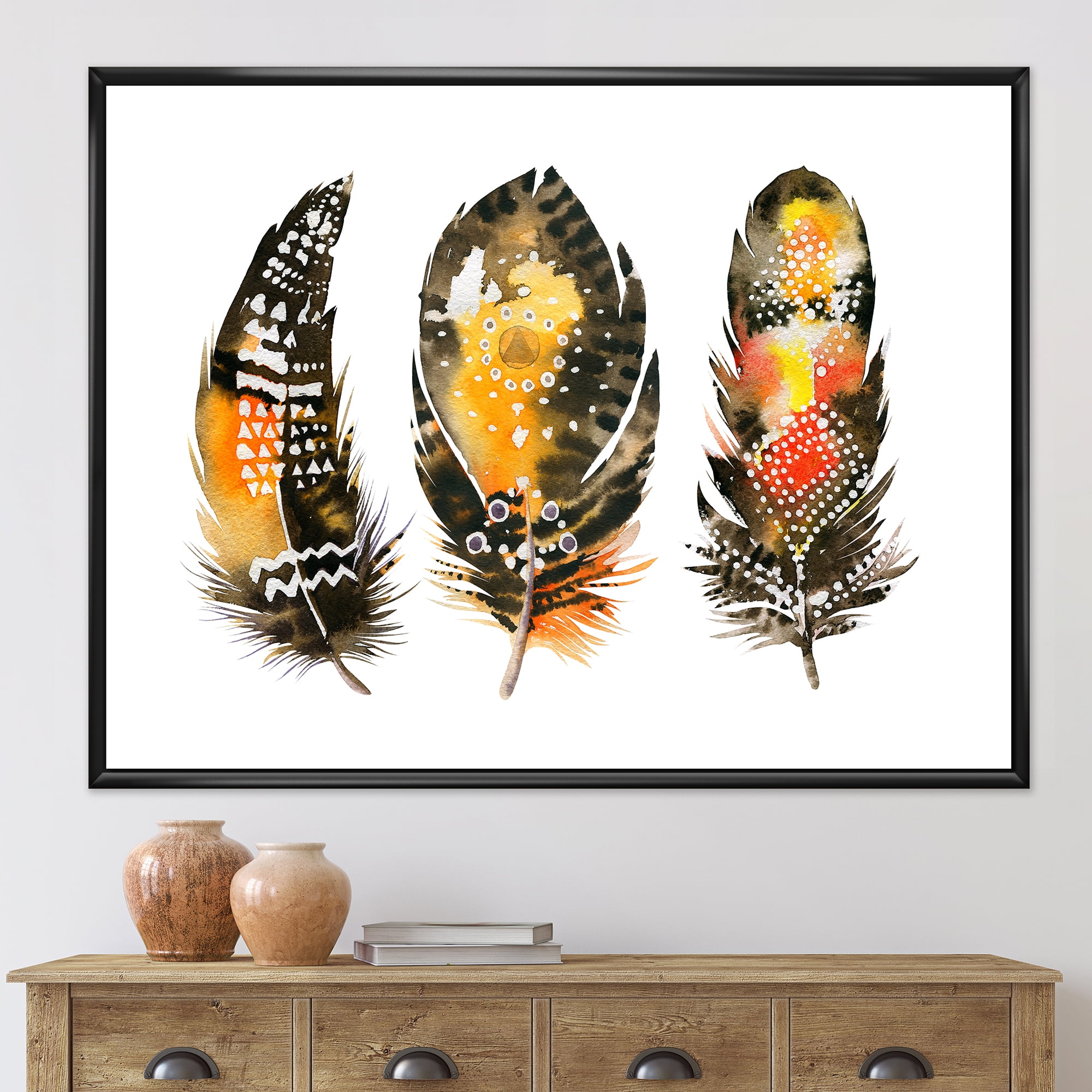 Designart 'Ethnic Boho Art Orange Feathers' Bohemian & Eclectic Framed Canvas Wall Art Print