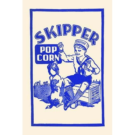 Original art from a box of popcorn sold at carnivals and events  Sold under the brand name skipper  With a great image of a boy in a sailor outfit teaching a dog tricks by using popcorn as a treat