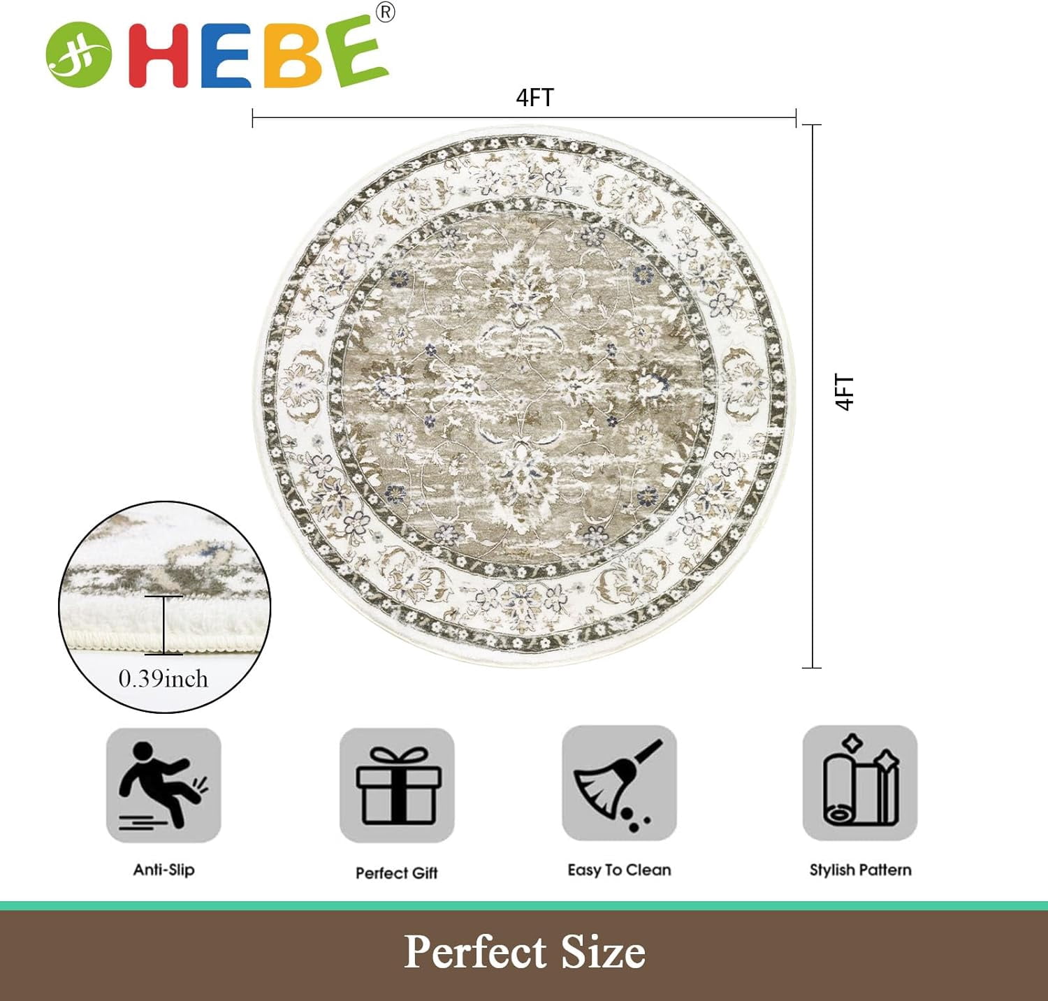 MJIAexp 4ft Mandala Boho Round Rug Circle Rug Non-Slip Machine Washable Area Rug Soft Bedroom Rug Throw Rug Vintage Carpet for Living Room Kitchen Dorm Coffee Table Distressed Brown