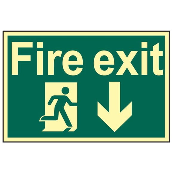 Scan - Fire Exit Running Man Arrow Down - Photoluminescent 300 x 200mm