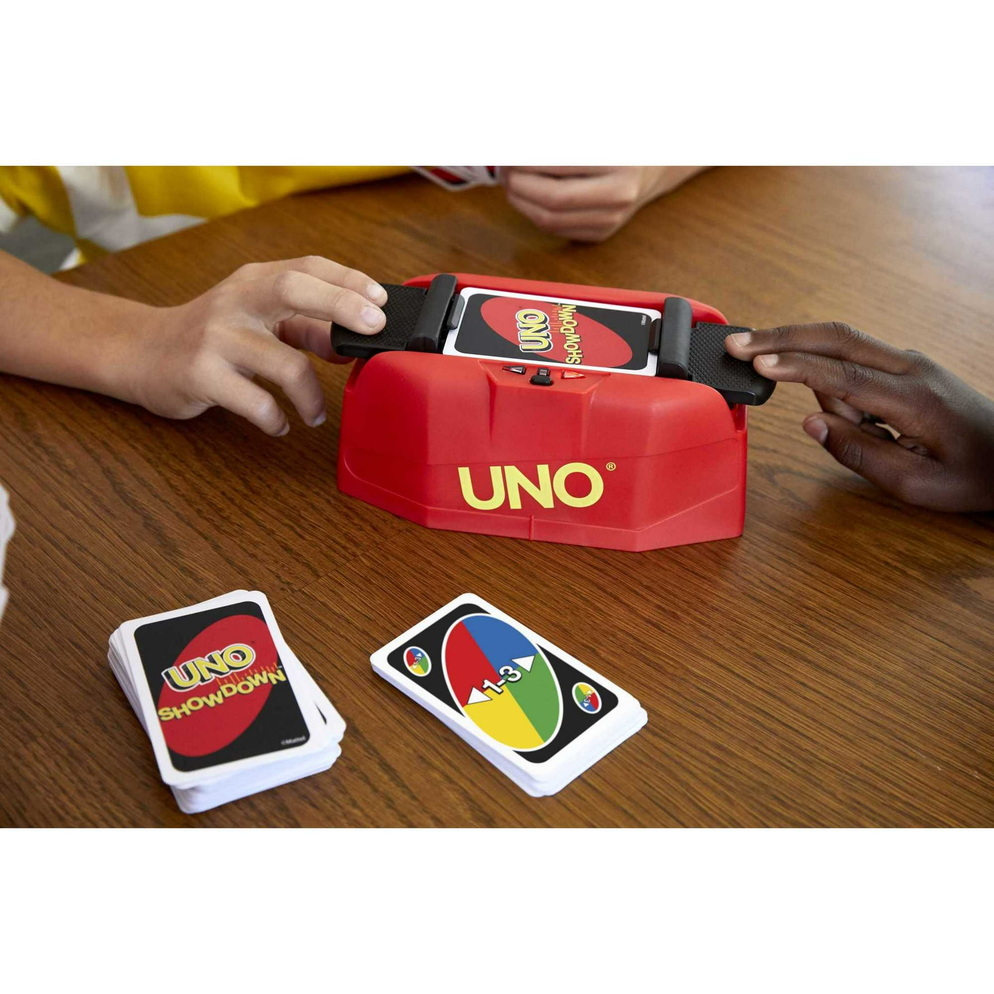 UNO Showdown Card Game for Game Night with Electronic Card Launcher Featuring Lights & Sounds