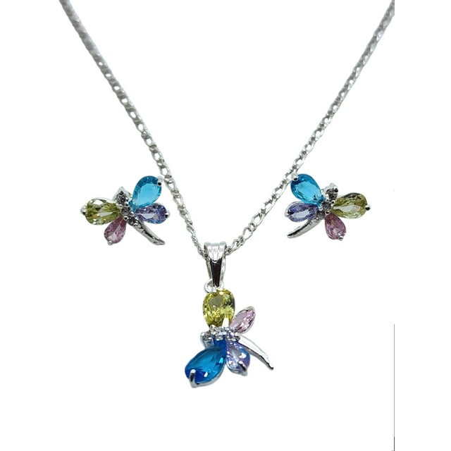 COLLAR DE LIBELULA MULTICOLOR DE PLATA CON ARETES