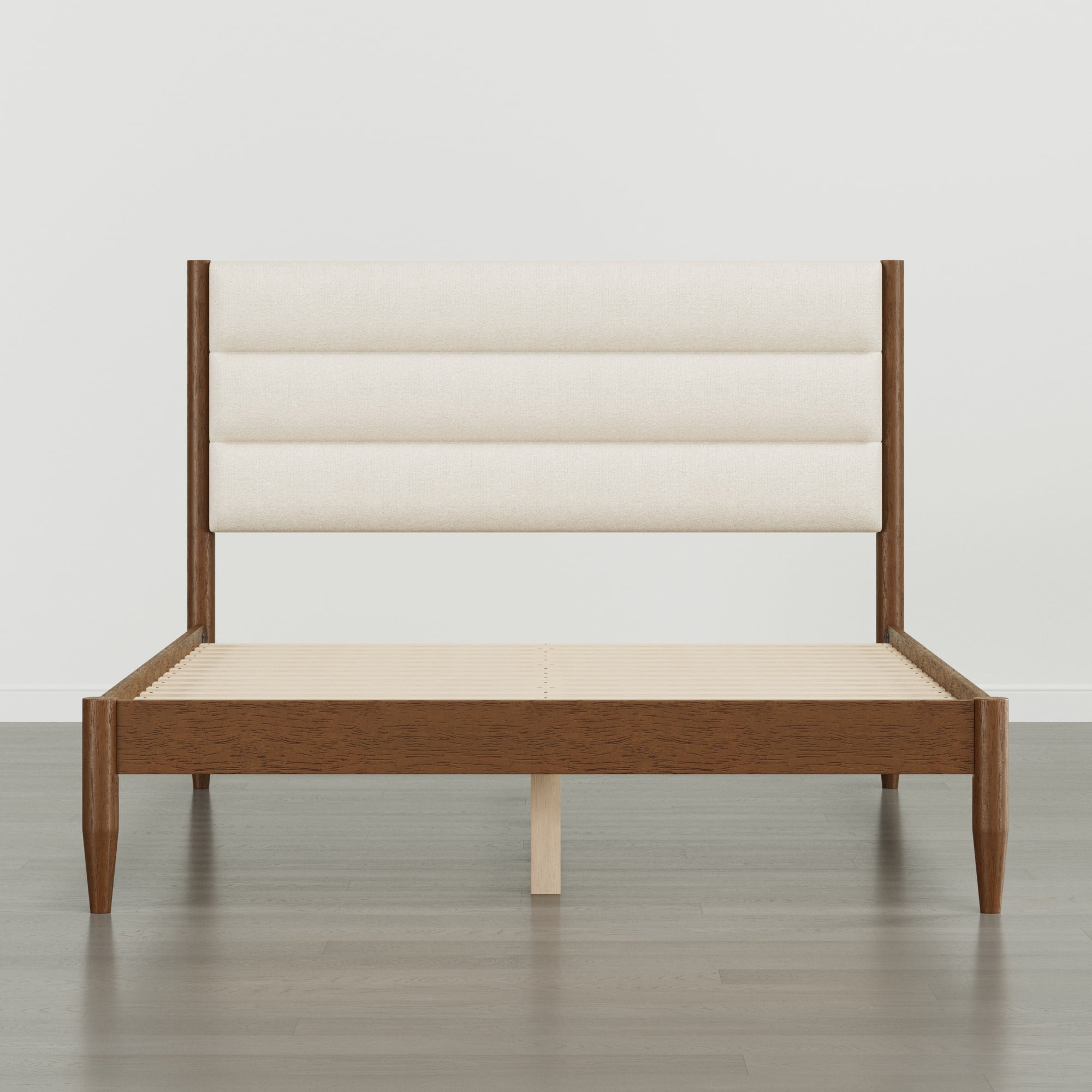 Spruce & Spring Farmhouse Queen Upholstered Bed Frame, Solid Rubberwood Frame, Cream Boucle Headboard, Noise-Free, No Box Spring Required, Walnut & Cream