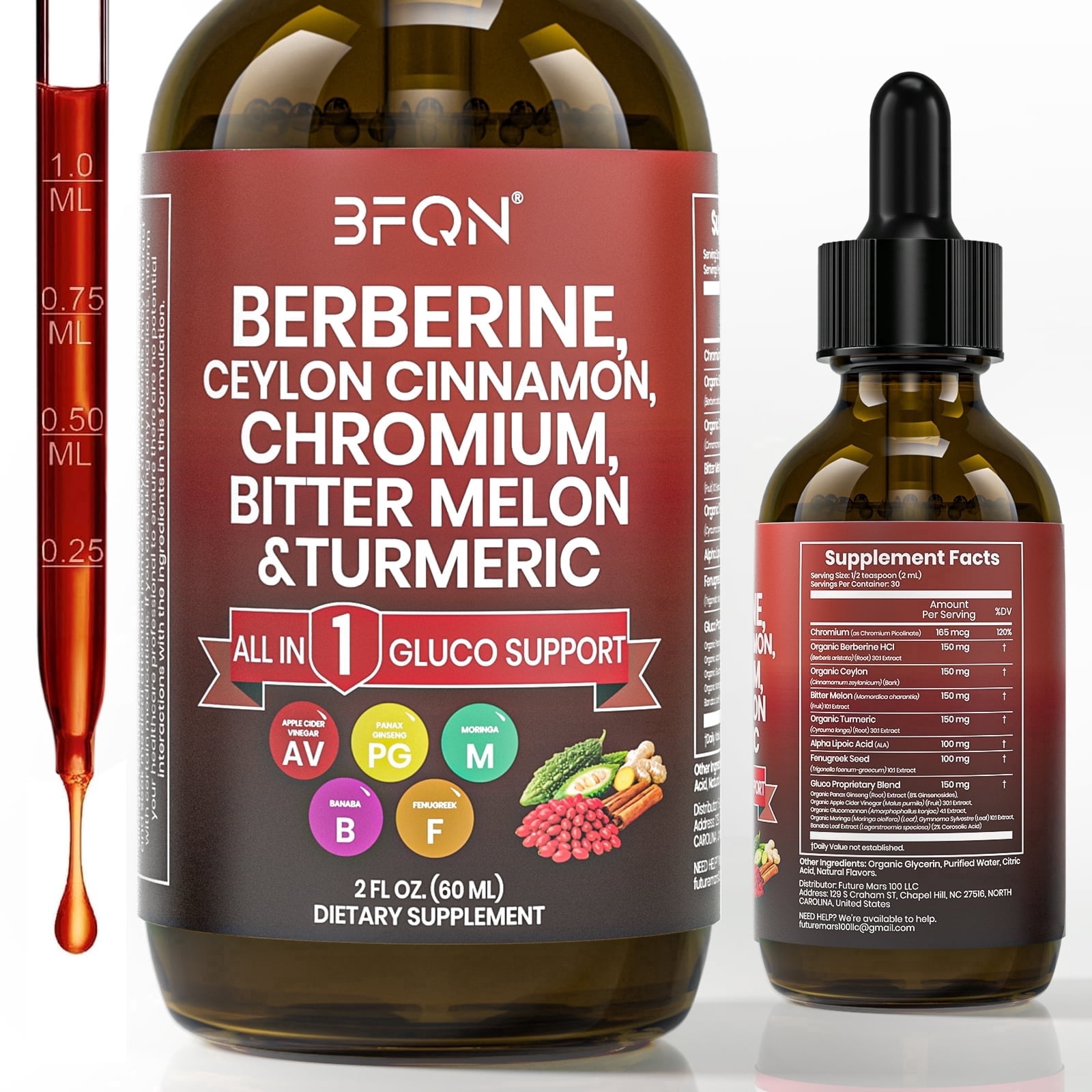 BFQN Berberine Drops with Ceylon Cinnamon Supplement, Berberine HCL, Chromium, Bitter Melon & Turmeric Liquid Drops for Immune Health & Metabolic Support, Fast Absorption - 2 fl oz