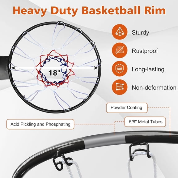 MIUDGIG 18" Basketball Rim Replacement, Universal 18" Professional Double Spring Solid Steel Basketball Hoop Rim with Net Fits In-Ground & Wall-Mounted Basketball Hoops, Indoor/Outdoor