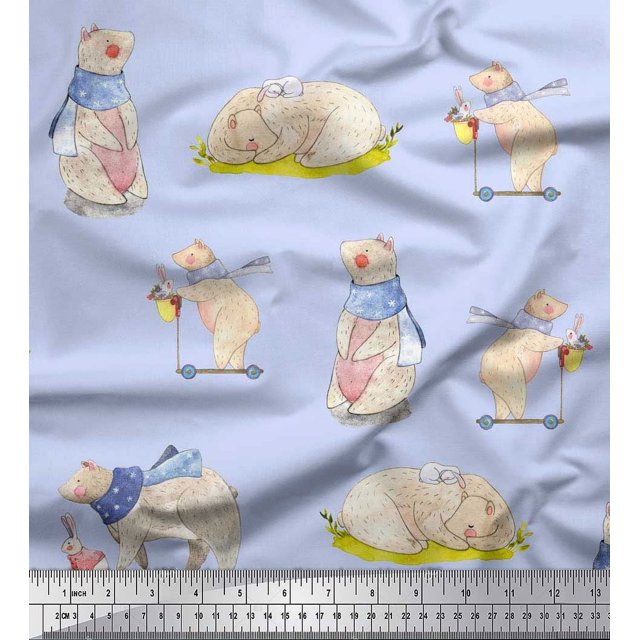 Soimoi Crepe Silk Fabric Cycle,Rabbit & Bear Kids Print Fabric by the Yard 42 Inch Wide