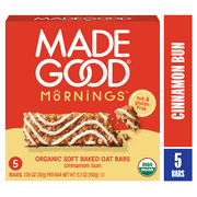 MadeGood Mornings Cinnamon Bun Breakfast Bars, 5 Count (1.06oz Each)
