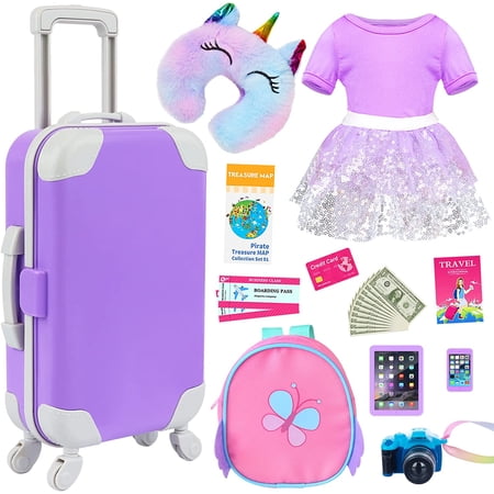 ZITA ELEMENT 18 Inch Girl Doll Suitcase & Accessories 23 pcs Doll Suitcase Travel Luggage Play Set for 18 Inch Doll Travel Doll Accessories